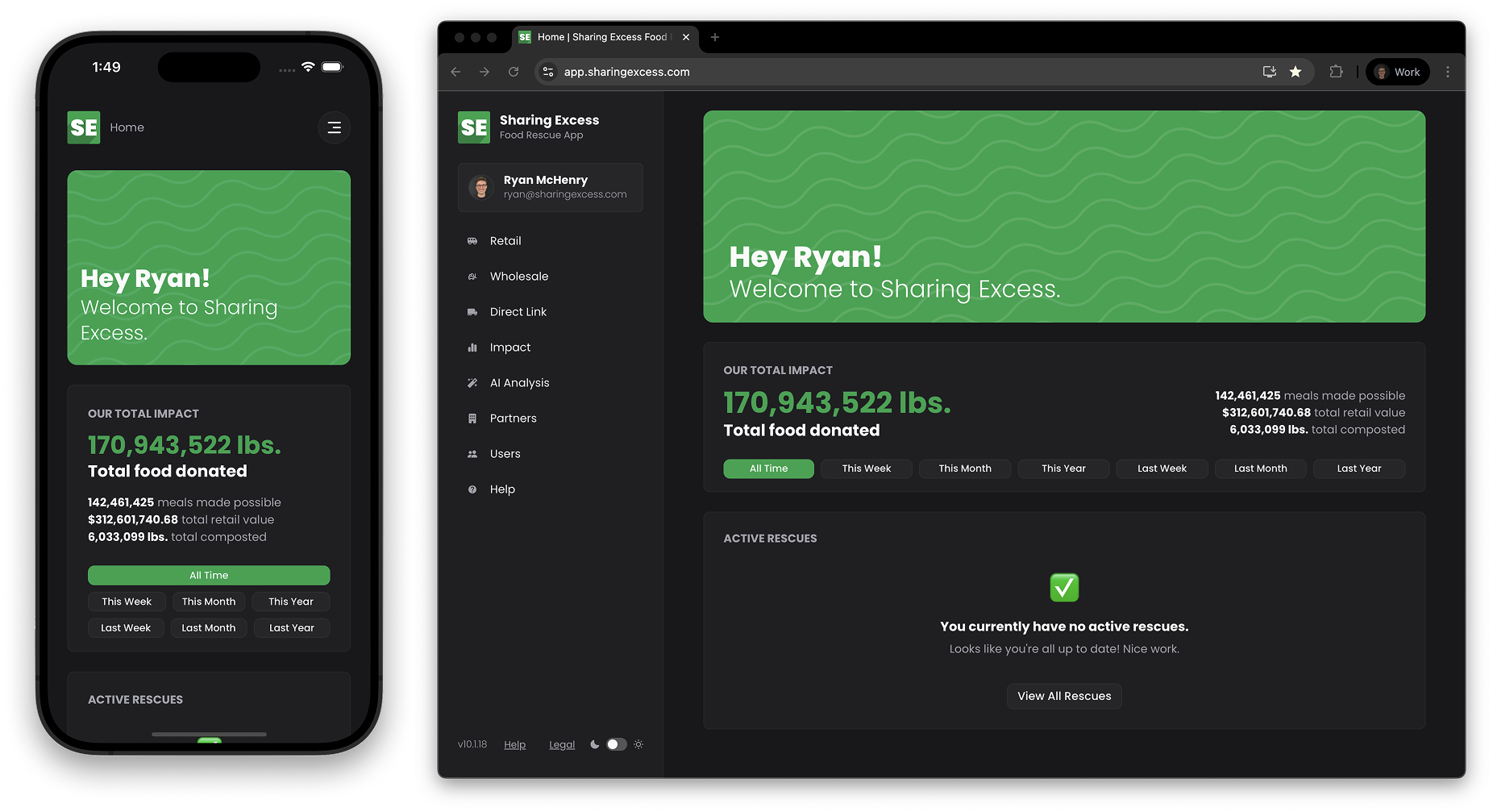 Sharing Excess home dashboard showing rescue overview and navigation options